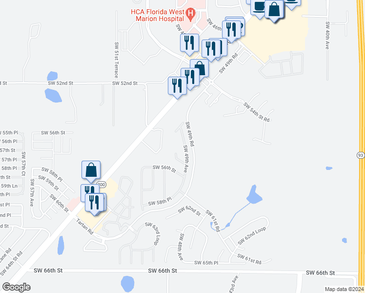 map of restaurants, bars, coffee shops, grocery stores, and more near 5410 Southwest 49th Avenue in Ocala