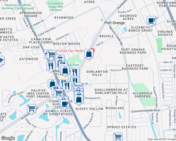 map of restaurants, bars, coffee shops, grocery stores, and more near 1028 Stonybrook Circle in Port Orange