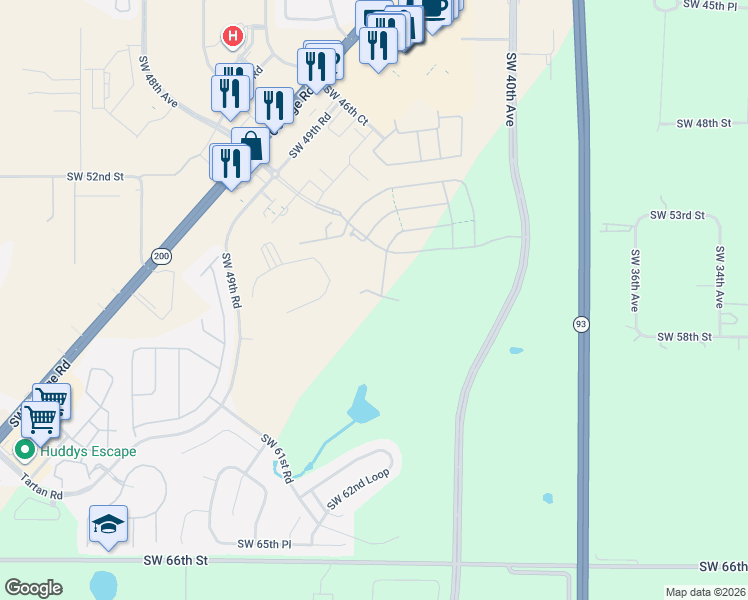 map of restaurants, bars, coffee shops, grocery stores, and more near SW 49th Rd in Ocala