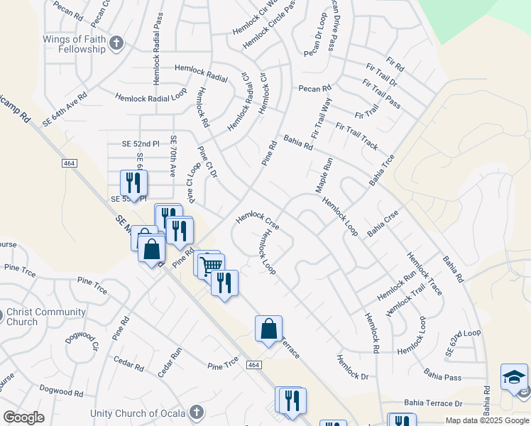 map of restaurants, bars, coffee shops, grocery stores, and more near 7044 Hemlock Road in Ocala