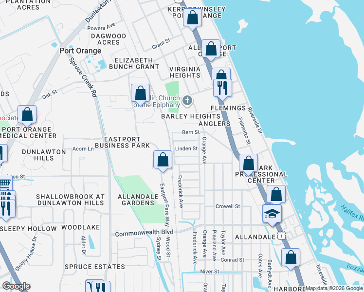 map of restaurants, bars, coffee shops, grocery stores, and more near 250-264 Freeman Street in Port Orange