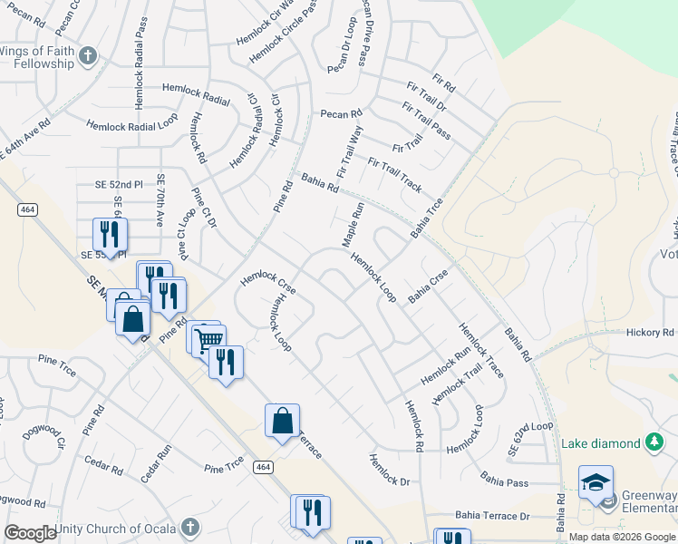map of restaurants, bars, coffee shops, grocery stores, and more near 7113 Hemlock Loop in Ocala