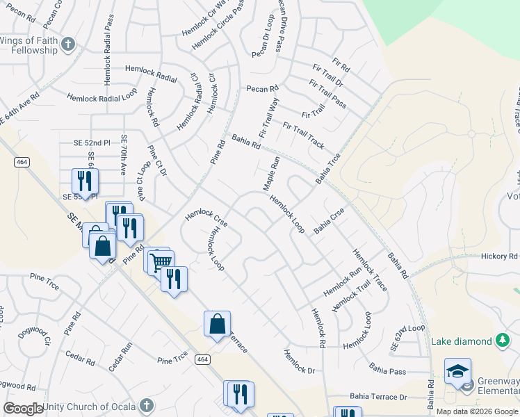 map of restaurants, bars, coffee shops, grocery stores, and more near 7113 Hemlock Loop in Ocala