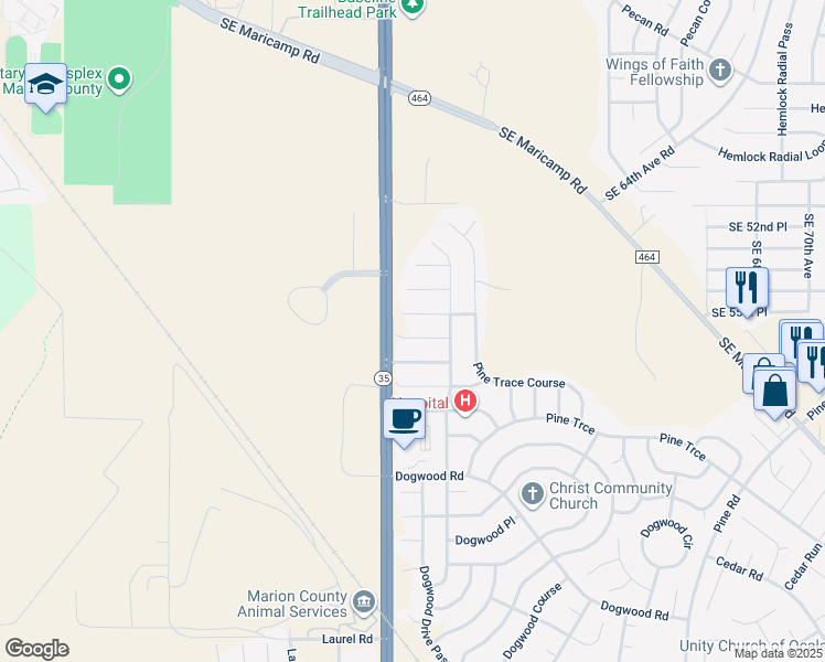 map of restaurants, bars, coffee shops, grocery stores, and more near 3 Dogwood Trail Place in Ocala