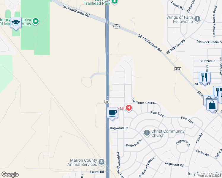 map of restaurants, bars, coffee shops, grocery stores, and more near 3 Dogwood Trail Place in Ocala
