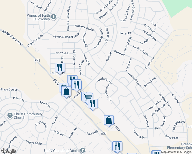 map of restaurants, bars, coffee shops, grocery stores, and more near 614 Pine Road in Ocala