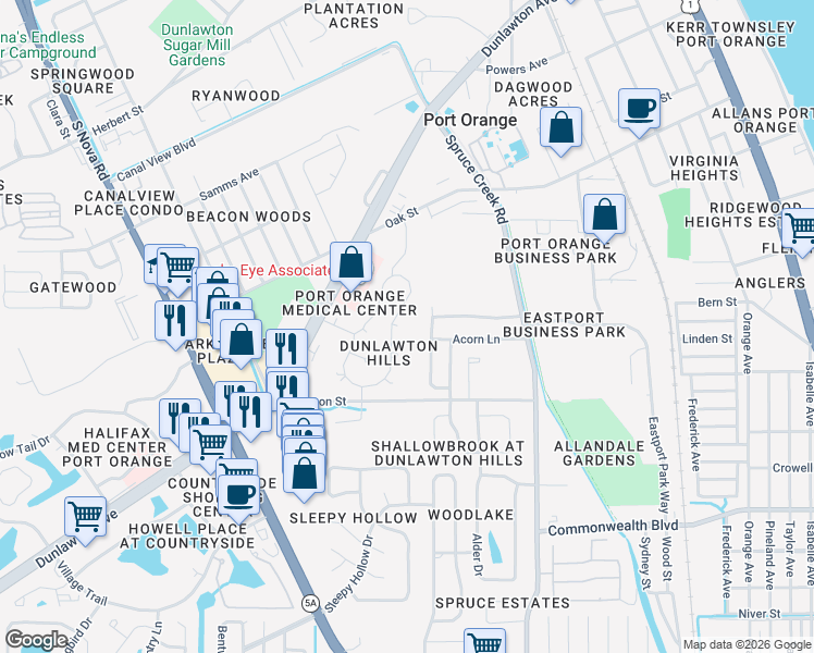 map of restaurants, bars, coffee shops, grocery stores, and more near 884 Stonybrook Circle in Port Orange