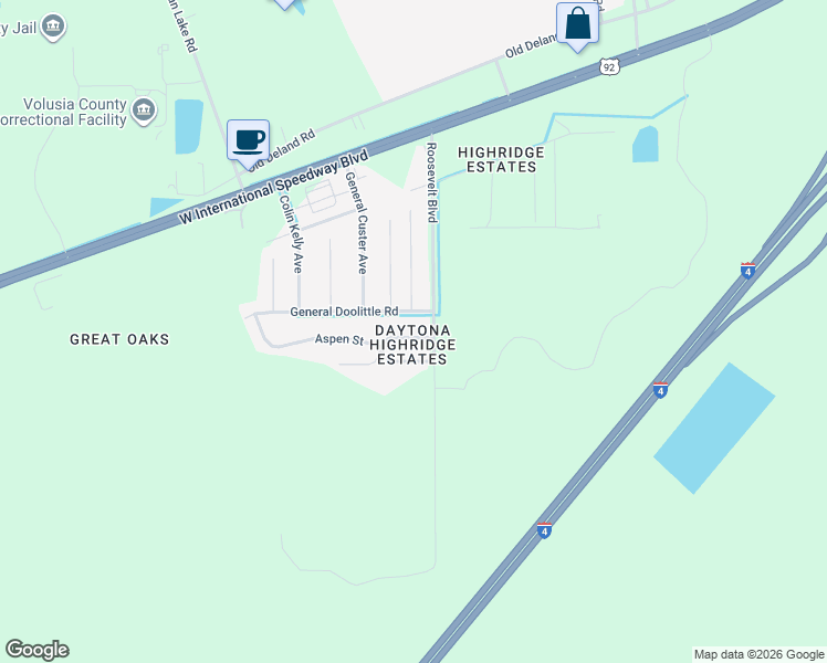 map of restaurants, bars, coffee shops, grocery stores, and more near 3 General Doolittle Road in Daytona Beach