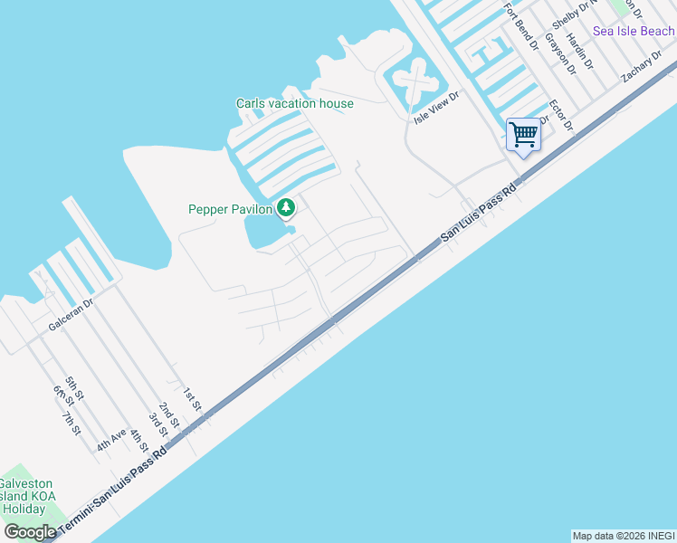 map of restaurants, bars, coffee shops, grocery stores, and more near 22909 Fresca Street in Galveston