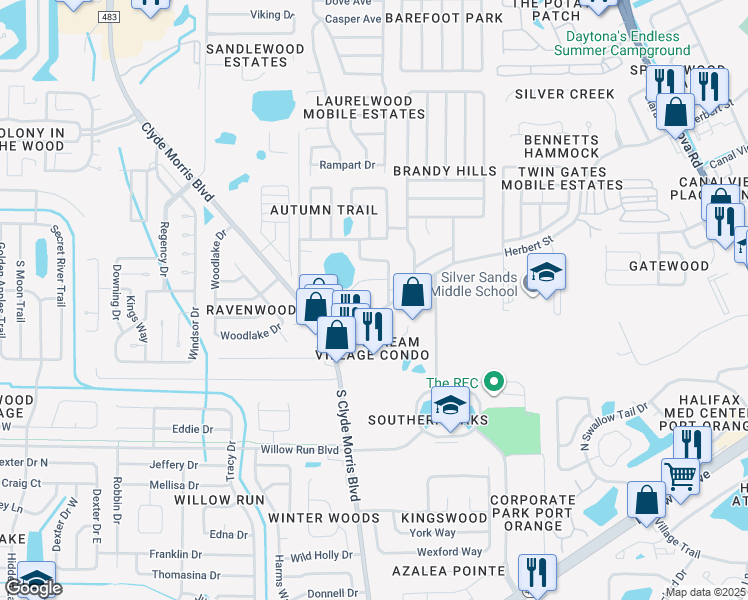 map of restaurants, bars, coffee shops, grocery stores, and more near 1515 Herbert Street in Port Orange
