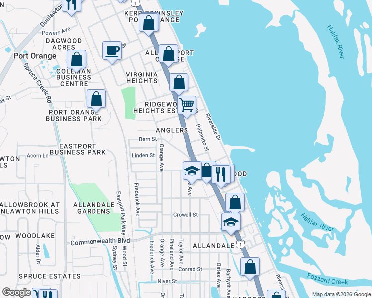 map of restaurants, bars, coffee shops, grocery stores, and more near 5059 South Ridgewood Avenue in Port Orange