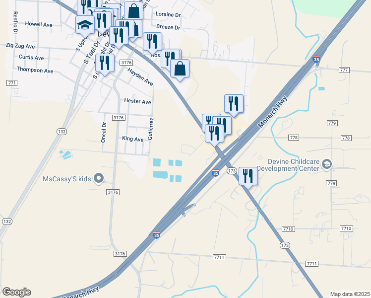 map of restaurants, bars, coffee shops, grocery stores, and more near 627 L C Martin Drive in Devine