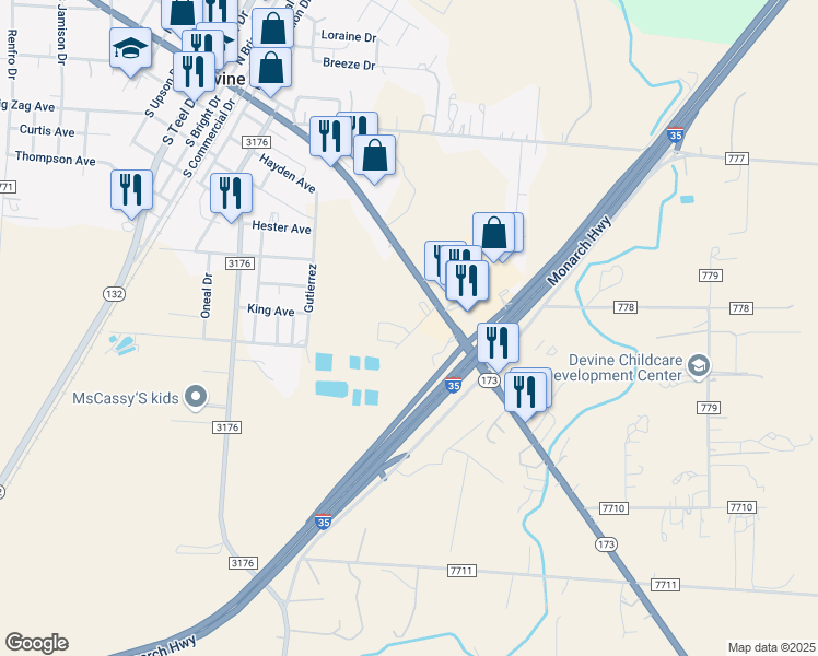 map of restaurants, bars, coffee shops, grocery stores, and more near 627 L C Martin Drive in Devine