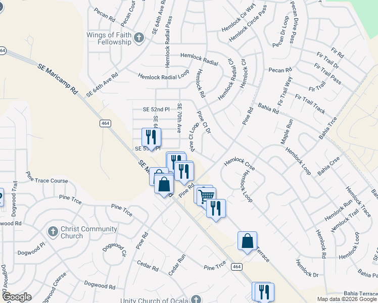 map of restaurants, bars, coffee shops, grocery stores, and more near 19 Pine Court Loop in Ocala