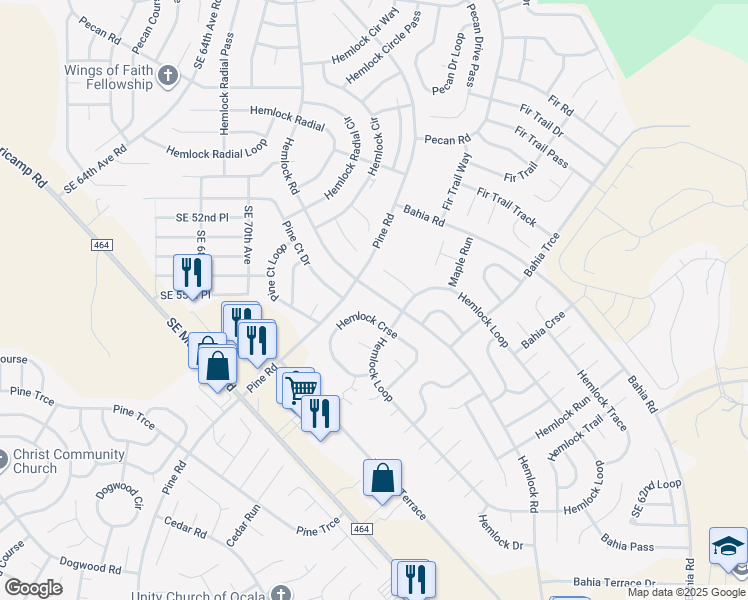 map of restaurants, bars, coffee shops, grocery stores, and more near 7044 Hemlock Road in Ocala