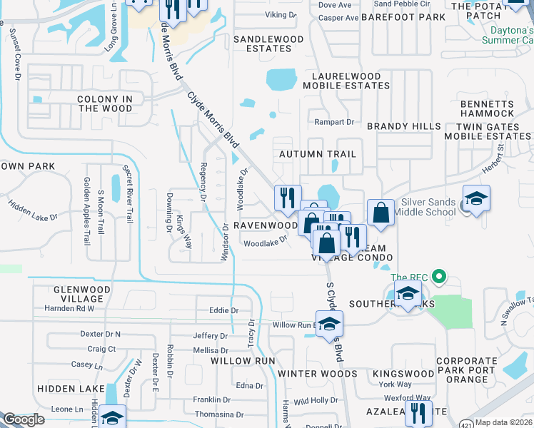 map of restaurants, bars, coffee shops, grocery stores, and more near 55 Ravenwood Drive in Port Orange