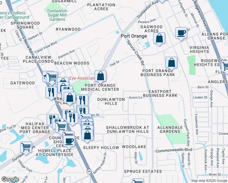 map of restaurants, bars, coffee shops, grocery stores, and more near 884 Stonybrook Circle in Port Orange