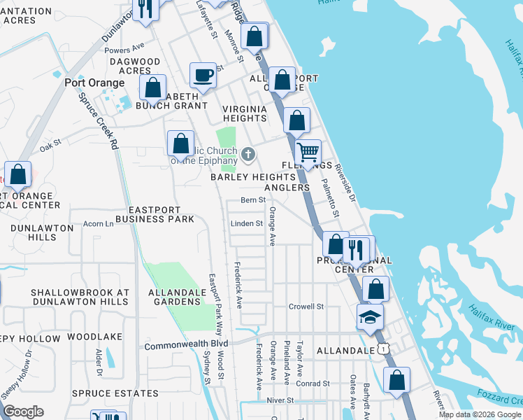 map of restaurants, bars, coffee shops, grocery stores, and more near 250 Freeman Street in Port Orange