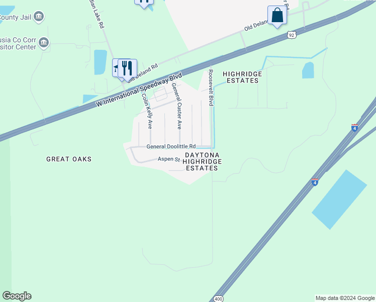 map of restaurants, bars, coffee shops, grocery stores, and more near 15 General Doolittle Road in Daytona Beach