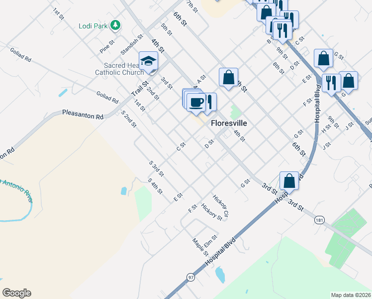 map of restaurants, bars, coffee shops, grocery stores, and more near 1406 1st Street in Floresville