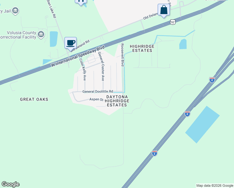 map of restaurants, bars, coffee shops, grocery stores, and more near 3 General Doolittle Road in Daytona Beach