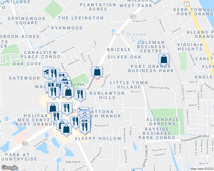 map of restaurants, bars, coffee shops, grocery stores, and more near 885 Stonybrook Circle in Port Orange