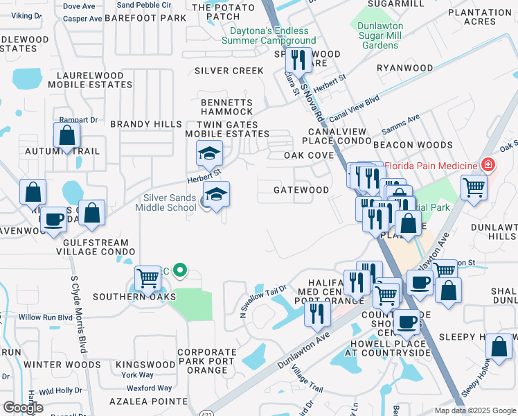 map of restaurants, bars, coffee shops, grocery stores, and more near 1109 Oak Forest Circle in Port Orange