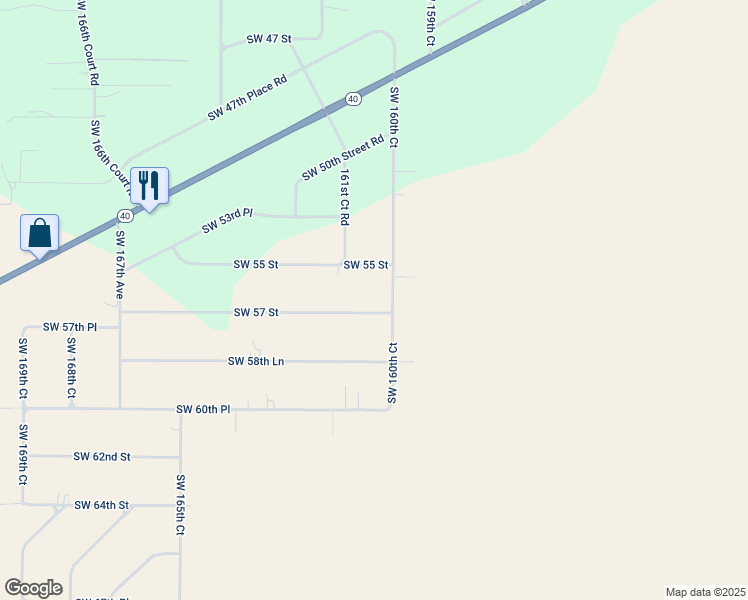 map of restaurants, bars, coffee shops, grocery stores, and more near 16145 Southwest 57 Street in Ocala