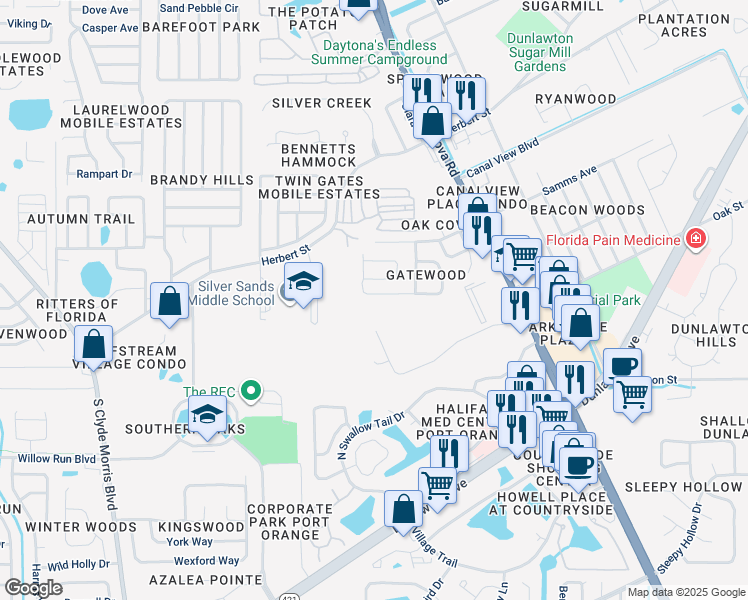 map of restaurants, bars, coffee shops, grocery stores, and more near 1109 Oak Forest Circle in Port Orange