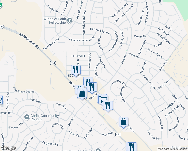map of restaurants, bars, coffee shops, grocery stores, and more near 19 Pine Court Loop in Ocala