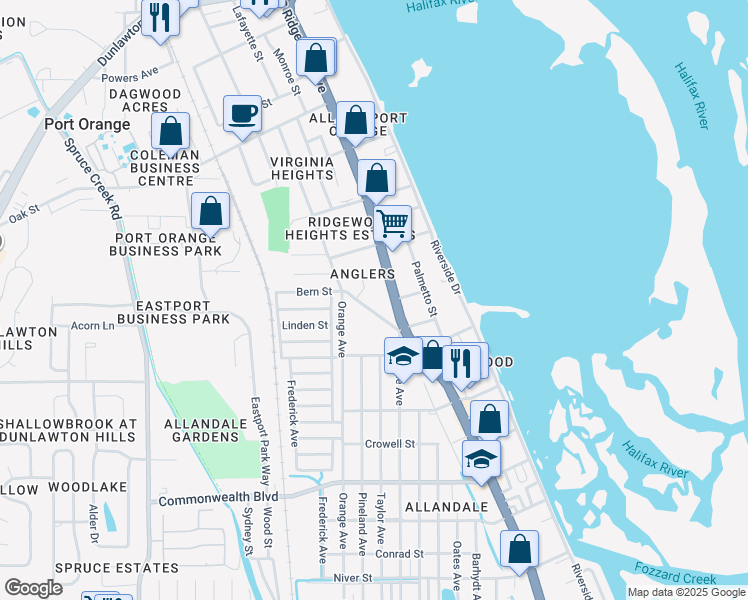 map of restaurants, bars, coffee shops, grocery stores, and more near 4871 Orange Boulevard in Port Orange
