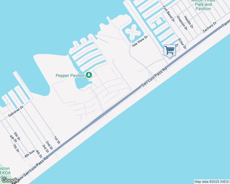 map of restaurants, bars, coffee shops, grocery stores, and more near 22909 Fresca Street in Galveston