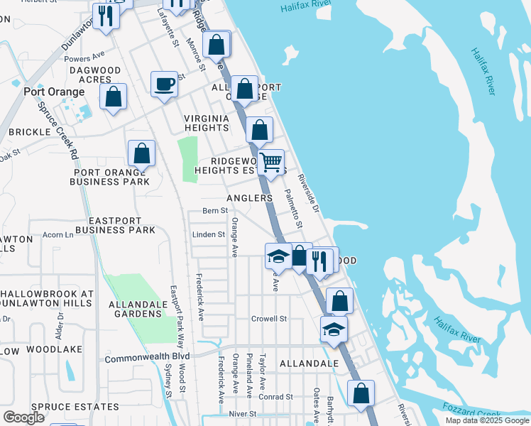 map of restaurants, bars, coffee shops, grocery stores, and more near 4871 Orange Boulevard in Port Orange