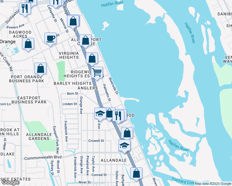 map of restaurants, bars, coffee shops, grocery stores, and more near 5061 Palmetto Street in Port Orange