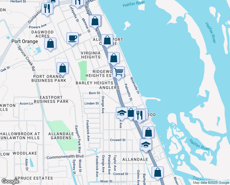 map of restaurants, bars, coffee shops, grocery stores, and more near 4871 Orange Boulevard in Port Orange