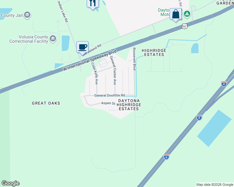 map of restaurants, bars, coffee shops, grocery stores, and more near 15 General Doolittle Road in Daytona Beach