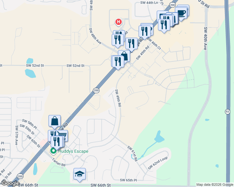map of restaurants, bars, coffee shops, grocery stores, and more near Southwest 49th Road in Ocala