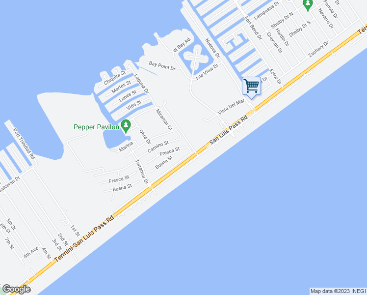 map of restaurants, bars, coffee shops, grocery stores, and more near 22909 Fresca Street in Galveston