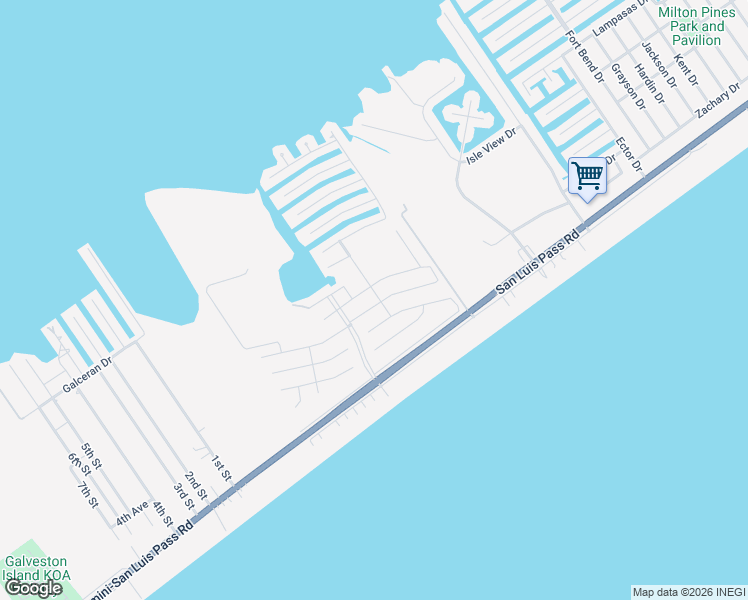 map of restaurants, bars, coffee shops, grocery stores, and more near 23011 Camino Street in Galveston