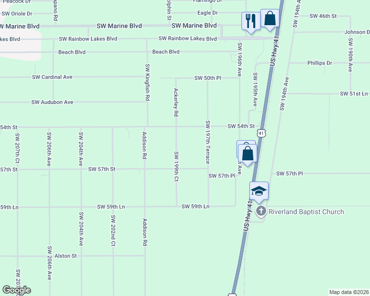 map of restaurants, bars, coffee shops, grocery stores, and more near 19900 Southwest 54th Street in Dunnellon