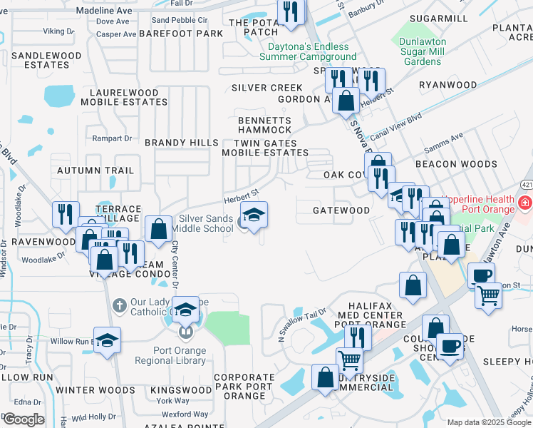 map of restaurants, bars, coffee shops, grocery stores, and more near 1290 Herbert Street in Port Orange