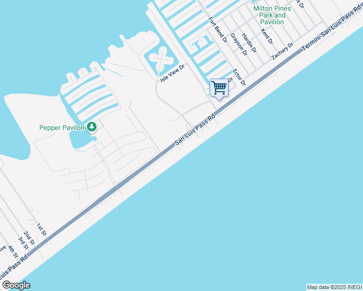 map of restaurants, bars, coffee shops, grocery stores, and more near 22621 Kennedy Drive in Galveston