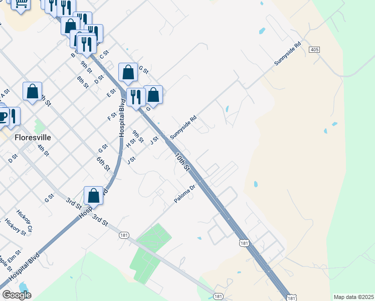 map of restaurants, bars, coffee shops, grocery stores, and more near 2110 10th Street in Floresville