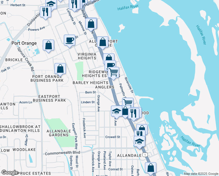 map of restaurants, bars, coffee shops, grocery stores, and more near 5006 South Ridgewood Avenue in Port Orange