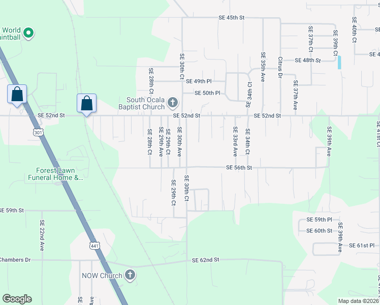 map of restaurants, bars, coffee shops, grocery stores, and more near 5411 Southeast 30th Avenue in Ocala