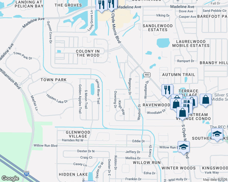 map of restaurants, bars, coffee shops, grocery stores, and more near 12 Downing Drive in Port Orange