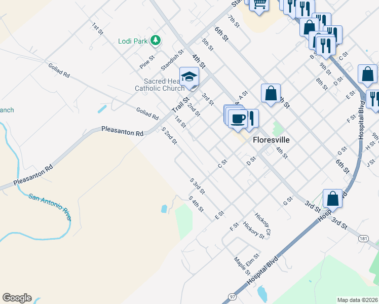 map of restaurants, bars, coffee shops, grocery stores, and more near 1204 South 2nd Street in Floresville