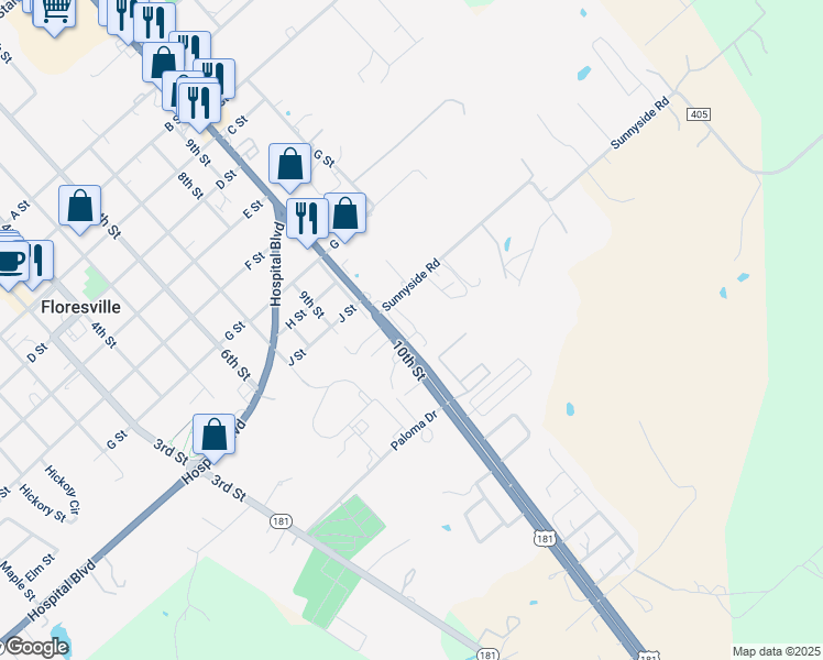 map of restaurants, bars, coffee shops, grocery stores, and more near 2110 10th Street in Floresville