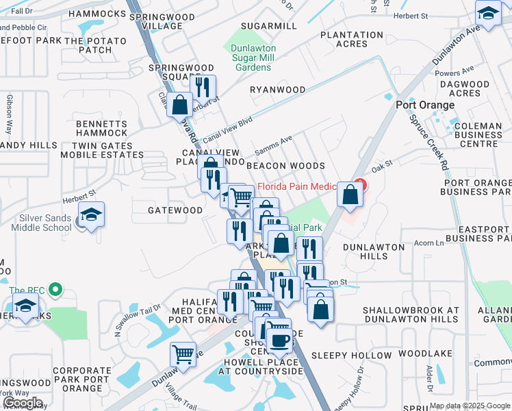map of restaurants, bars, coffee shops, grocery stores, and more near 3744 Jackson Street in Port Orange