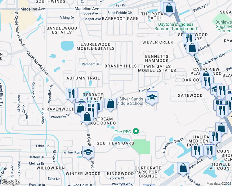 map of restaurants, bars, coffee shops, grocery stores, and more near 98 Highlands Drive in Port Orange